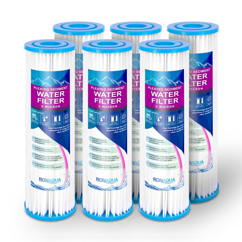 Ronaqua Pleated Sediment Water Filter Cartridge 9.87â€x 2.5â€ Amplified Surface Area, Removes Sand, Dirt, Rust, Extended Filter Life WELL-MATCHED with WHKF-WHPL, 801-50, WB-50W, WFPFC3002, SPC-25-1050 (6 Pack) - Image 1